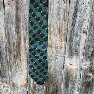 Lands' End Tie Green, Navy & Red Geometric Pattern Made in the USA 100% Silk